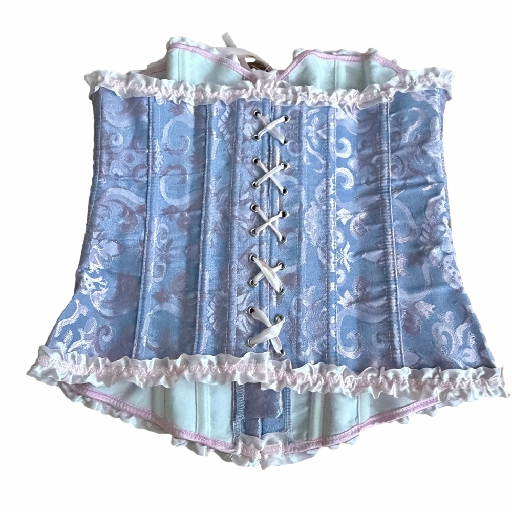 Lavender Brocade Satin Corset with Pink Trim - Picture 2 of 4